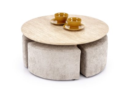 Nugat dohányzóasztal 4 puffal – travertin / bézs