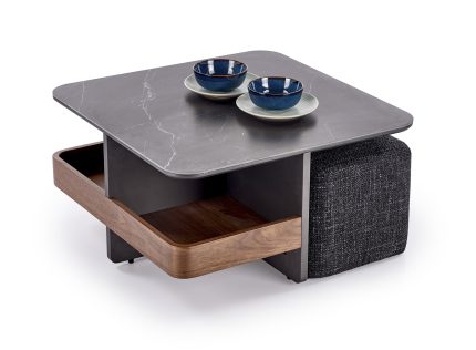 Vicker dohányzóasztal 2 puffal – fekete márvány / dió / fekete